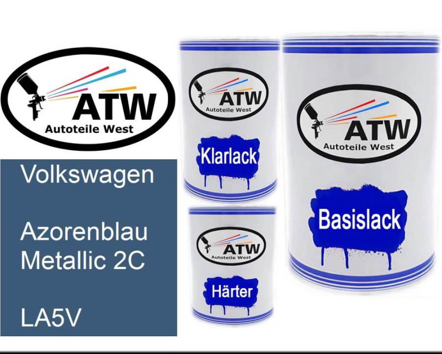 Volkswagen, Azorenblau Metallic 2C, LA5V: 500ml Lackdose + 500ml Klarlack + 250ml Härter - Set, von ATW Autoteile West.